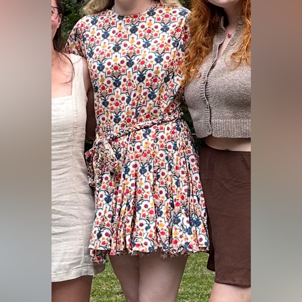RHODE Floral Cream Mini Dress with Multicolor Bouquet Print